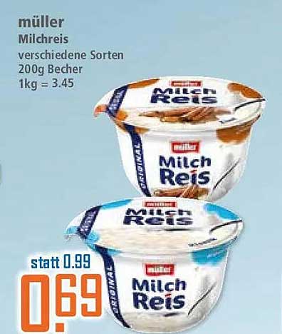 müller Milchreis verschiedene Sorten 200g Becher 1kg = 3.45