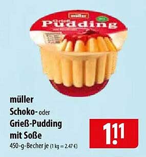 müller Schoko- oder Grieß-Pudding mit Soße