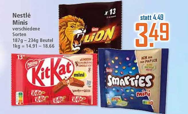 Nestlé Minis verschiedene Sorten 187g – 234g Beutel 1kg = 14.91 – 18.66