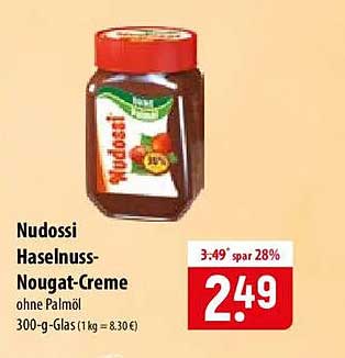 Nudossi Haselnuss-Nougat-Creme ohne Palmöl 300-g-Glas (1 kg = 8,30 €)