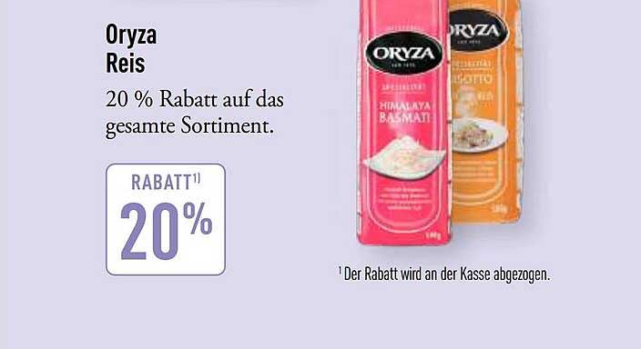 Oryza Reis 20 % Rabatt auf das gesamte Sortiment.