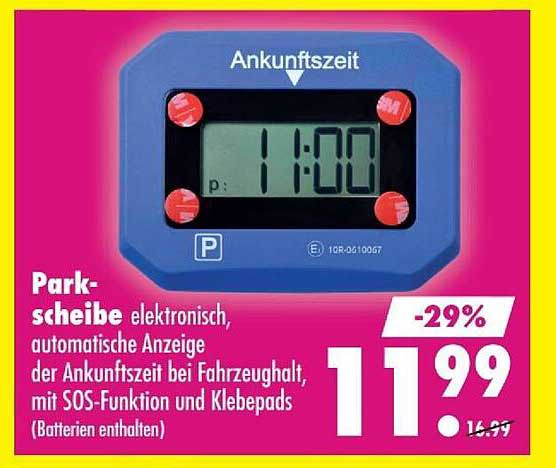 Park-scheibe elektronisch, automatische Anzeige der Ankunftszeit bei Fahrzeughalt, mit SOS-Funktion und Klebepads (Batterien enthalten)