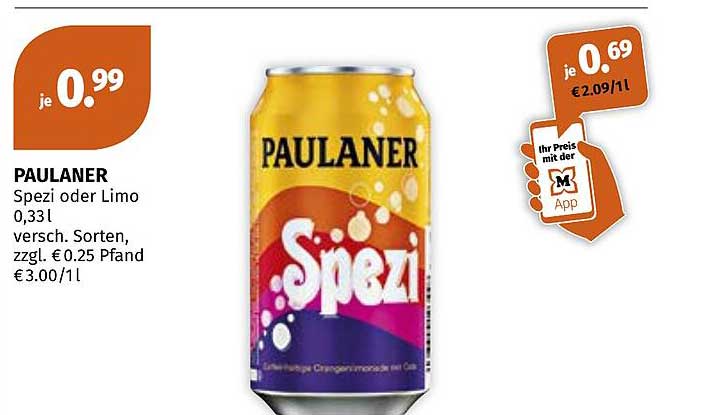 PAULANER Spezi oder Limo 0,33l versch. Sorten, zzgl. € 0.25 Pfand