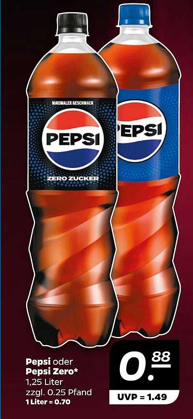 Pepsi oder Pepsi Zero* 1,25 Liter zzgl. 0.25 Pfand 1 Liter = 0.70