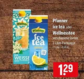 Pfanner ice tea oder Wellnessstee verschiedene Sorten 2-Liter-Packung je (1 Liter = 0,65 €)