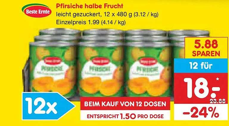 Pfirsiche halbe Frucht leicht gezuckert, 12 x 480 g (3.12 / kg) Einzelpreis 1.99 (4.14 / kg)