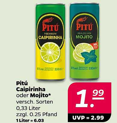 Pitú Caipirinha oder Mojito* versch. Sorten 0,33 Liter zzgl. 0.25 Pfand