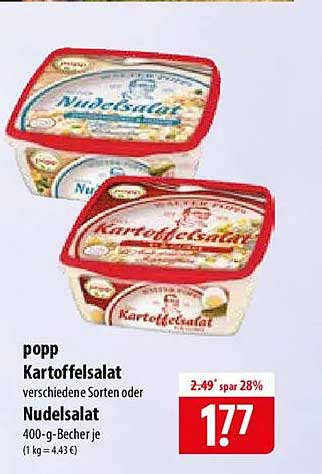 popp Kartoffelsalat verschiedene Sorten oder Nudelsalat 400-g-Becher je (1 kg = 4.43 €)
