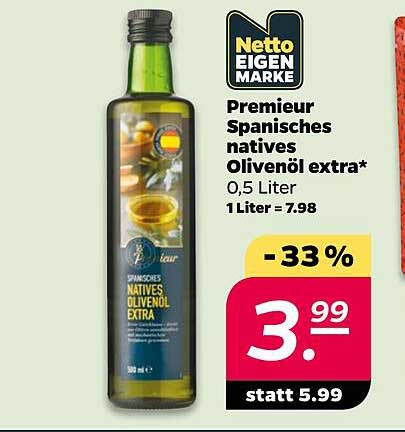 Premieur Spanisches natives Olivenöl extra* 0,5 Liter 1 Liter = 7.98
