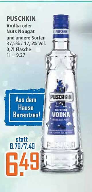 PUSCHKIN Vodka oder Nuts Nougat und andere Sorten 37,5% / 17,5% Vol. 0,7l Flasche 1l = 9.27