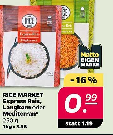 RICE MARKET Express Reis, Langkorn oder Mediterran* 250 g 1 kg = 3.96