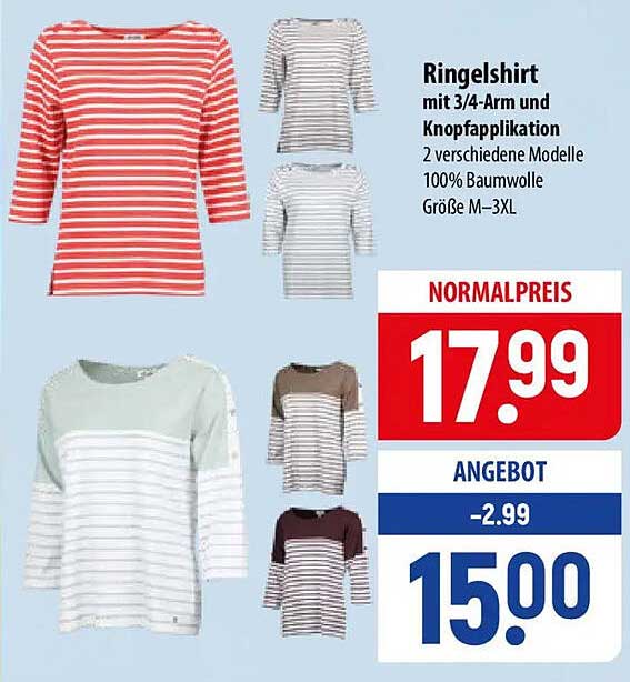 Ringelshirt mit 3/4-Arm und Knopfleiste