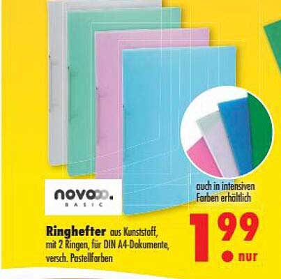 Ringhefter aus Kunststoff, mit 2 Ringen, für DIN A4-Dokumente, versch. Pastellfarben