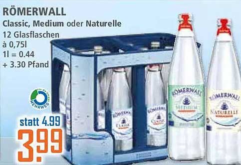 RÖMERWALL Classic, Medium oder Naturelle 12 Glasflaschen à 0,75l 1l = 0.44 + 3.30 Pfand