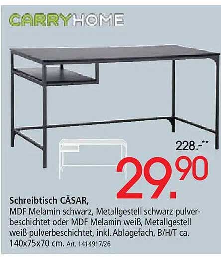 Schreibtisch CÄSAR, MDF Melamin schwarz, Metallgestell schwarz pulverbeschichtet oder MDF Melamin weiß, Metallgestell weiß pulverbeschichtet, inkl. Ablagefach, B/H/T ca. 140x75x70 cm. Art. 1414917/26