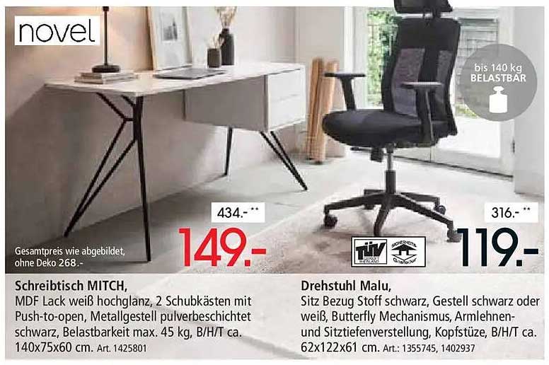 Schreibtisch MITCH, MDF Lack weiß hochglanz, 2 Schubkästen mit Push-to-open, Metallgestell pulverbeschichtet schwarz, Belastbarkeit max. 45 kg, B/H/T ca. 140x75x60 cm. Art. 1425801