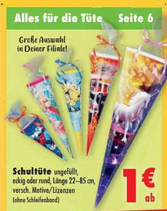 Schultüte ungefüllt, eckig oder rund, Länge 22-85 cm, versch. Motive/Lizenzen (ohne Schleifenband)