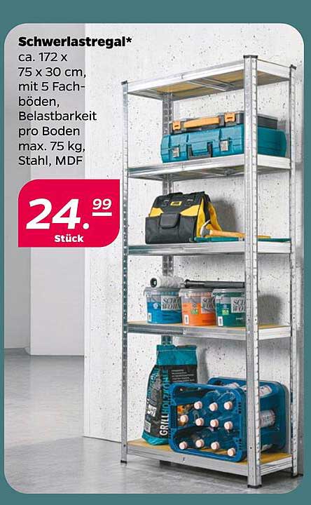 Schwerlastregal* ca. 172 x 75 x 30 cm, mit 5 Fachböden, Belastbarkeit pro Boden max. 75 kg, Stahl, MDF