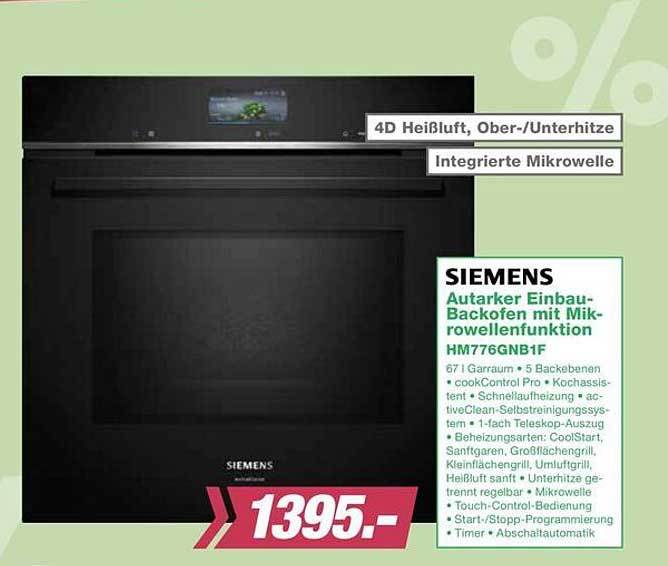 SIEMENS Autarker Einbau-Backofen mit Mikrowellenfunktion HM776GNB1F