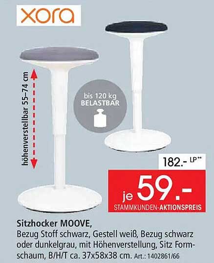 Sitzhocker MOOVE, Bezug Stoff schwarz, Gestell weiß, Bezug schwarz oder dunkelgrau, mit Höhenverstellung, Sitz Formschaum, B/H/T ca. 37x58x38 cm.