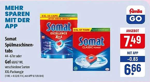 Somat Spülmaschinentabs 44–67er oder Gel 60/67 WL verschiedene Sorten XXL-Packung je