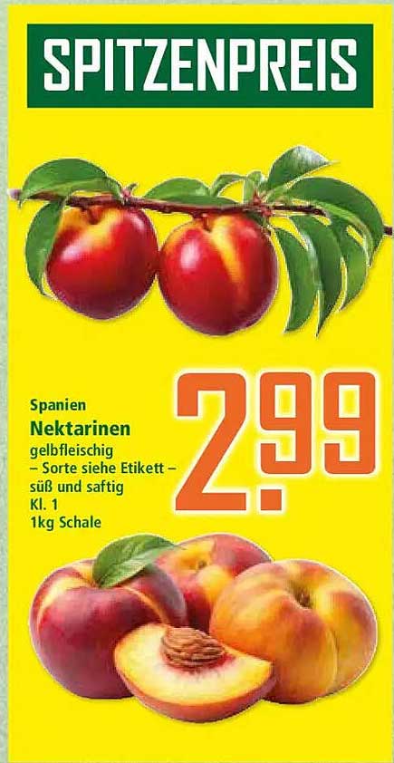 Spanien Nektarinen gelbfleischig – Sorte siehe Etikett – süß und saftig Kl. 1 1kg Schale