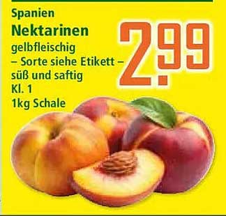 Spanien Nektarinen gelbfleischig – Sorte siehe Etikett – süß und saftig Kl. 1 1kg Schale