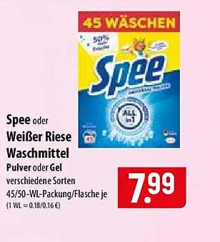 Spee oder Weißer Riese Waschmittel Pulver oder Gel verschiedene Sorten 45/50-WL-Packung/Flasche je