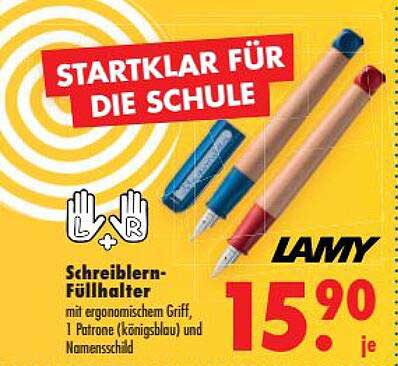 STARTKLAR FÜR DIE SCHULE Schreiblern-Füllhalter mit ergonomischem Griff, 1 Patrone (königsblau) und Namensschild