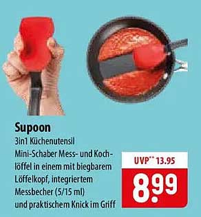 Supoon 3in1 Küchenutensil Mini-Schaber Mess- und Kochlöffel in einem mit biegbarem Löffelkopf, integrierten Messbecher (5/15 ml) und praktischem Knick im Griff