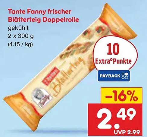 Tante Fanny frischer Blätterteig Doppelrolle gekühlt 2 x 300 g (4.15 / kg)
