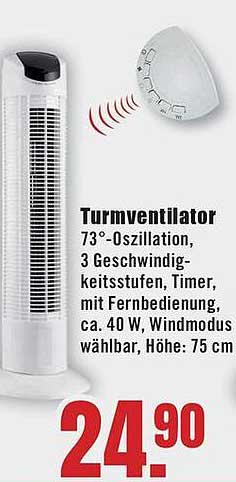 Turmventilator 73°-Oszillation, 3 Geschwindigkeitsstufen, Timer, mit Fernbedienung, ca. 40 W, Windmodus wählbar, Höhe: 75 cm
