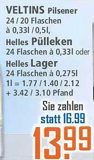 VELTINS Pilsener 24 / 20 Flaschen à 0,33l / 0,5l Helles Püleken 24 Flaschen à 0,33l oder Helles Lager 24 Flaschen à 0,275l