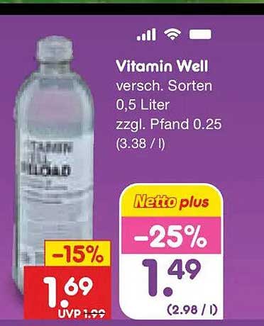 Vitamin Well versch. Sorten 0,5 Liter zzgl. Pfand 0.25 (3.38 / l)
