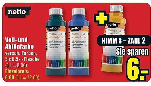 Voll- und Abtönfarbe versch. Farben, 3 x 0,5-l-Flasche (1 l = 8,00) Einzelpreis: 6.00 (1 l = 12.00)