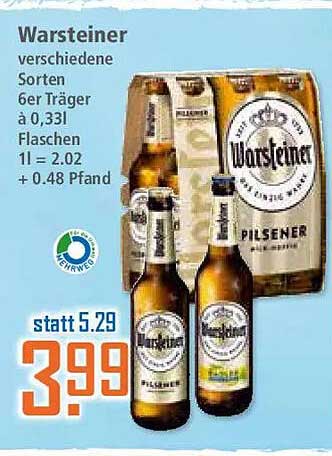 Warsteiner verschiedene Sorten 6er Träger à 0,33 l Flaschen 1 l = 2.02 + 0.48 Pfand