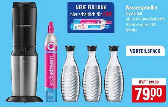 Wassersprudler Crystal 3.0 inkl. 3 x 0,7 l-Glaskaraffe 1x Quick-connect CO2-Zylinder