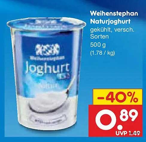 Weihenstephan Naturjoghurt gekühlt, versch. Sorten 500 g (1.78 / kg)