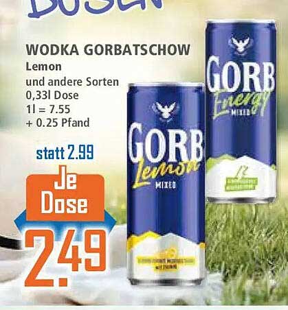 WODKA GORBATSCHOW Lemon und andere Sorten 0,33l Dose 1l = 7.55 + 0.25 Pfand