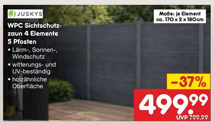 WPC Sichtschutzzaun 4 Elemente 5 Pfosten