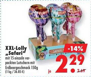 XXL-Lolly "Safari" mit 15 einzeln verpackten Lutscher mit Erdbeergeschmack 150g (1 kg / 36.85 €)
