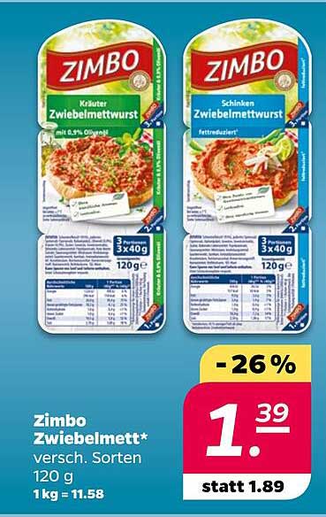 Zimbo Zwiebemett* versch. Sorten 120 g 1 kg = 11.58