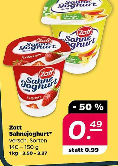 Zott Sahnejoghurt* versch. Sorten 140 - 150 g 1 kg = 3.50 - 3.27