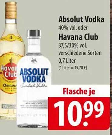 Absolut Vodka 40% vol. oder Havana Club 37,5/30% vol. verschiedene Sorten 0,7 Liter