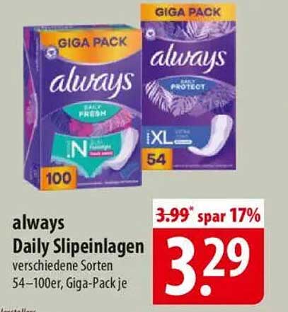 always Daily Slipeinlagen Giga Pack 54–100er
