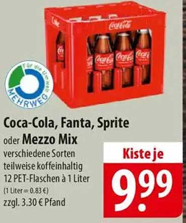 Coca-Cola, Fanta, Sprite oder Mezzo Mix – 12 PET-Flaschen à 1 Liter für nur 9,99 €