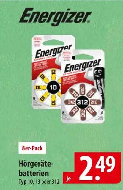 Energizer Hörgerätebatterien 8er-Pack Typ 10, 13 oder 312