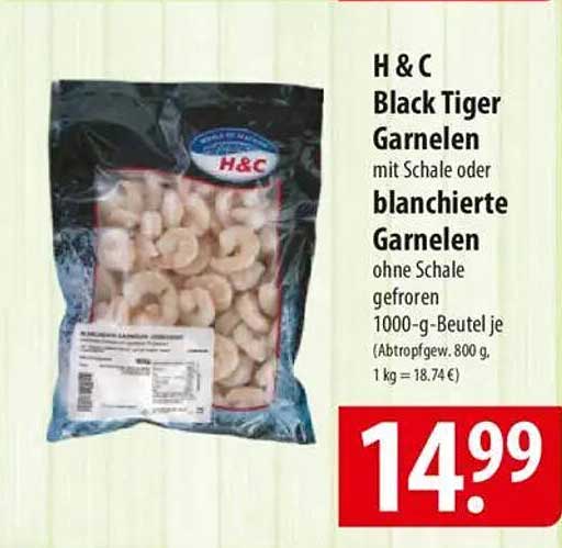 H & C Black Tiger Garnelen mit Schale oder blanchierte Garnelen ohne Schale gefroren 1000-g-Beutel