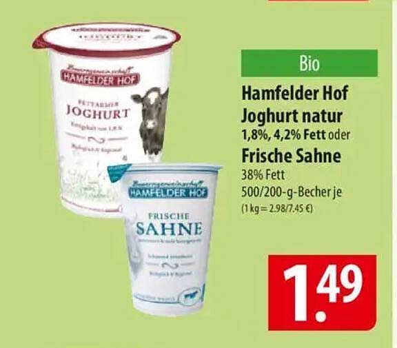 Hamfelder Hof Joghurt natur 1,8%, 4,2% Fett oder Frische Sahne 38% Fett