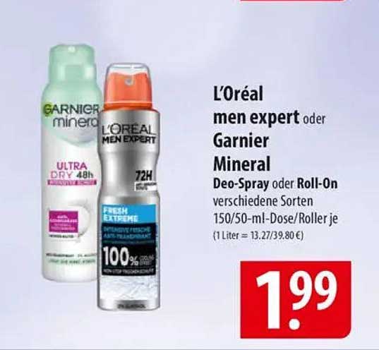 L’Oréal men expert oder Garnier Mineral Deo-Spray oder Roll-On verschiedene Sorten 150/50-ml-Dose/Roller je